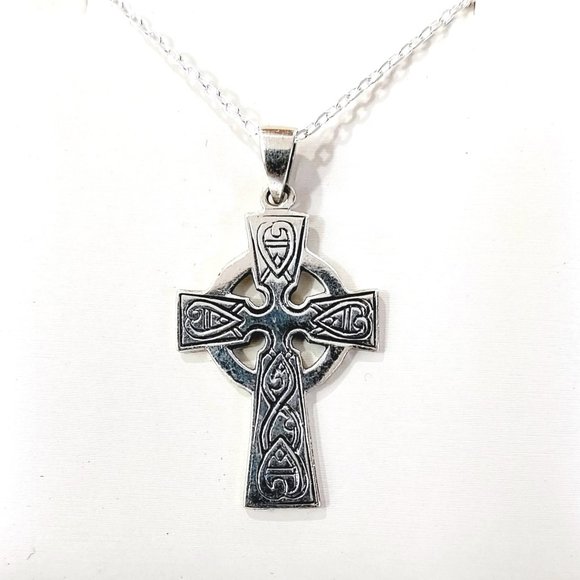 NEW Irish Celtic Sterling Silver Necklace Cross Large Ireland - Picture 2 of 4